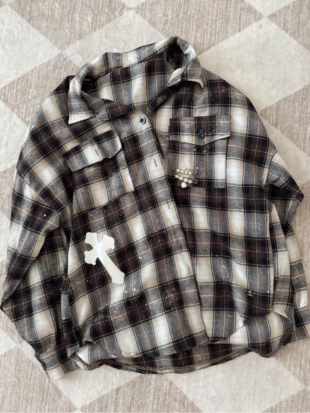Black & Brown Plaid Button-Up Shirt, oversized